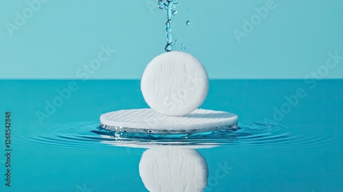 Micellar water being absorbed into a cotton pad on a reflective glass table