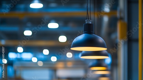 Abstract background with hanging lamps in an industrial warehouse, soft focus and bokeh effect