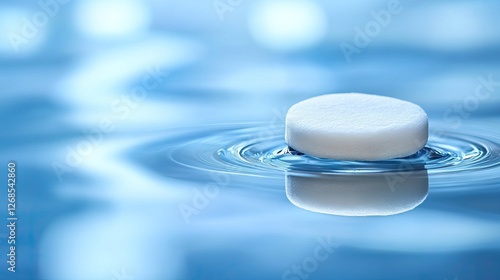 Micellar water being absorbed into a cotton pad on a reflective glass table