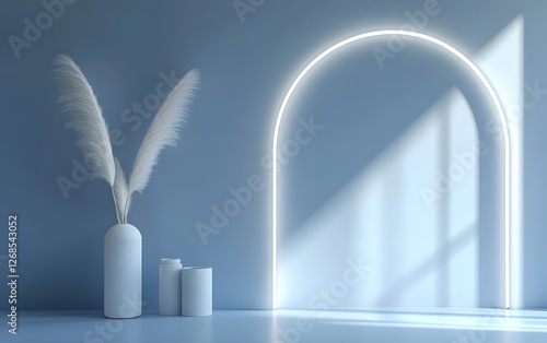 Abstract background with a light blue wall, a white floor, and a window with neon lights, a minimal concept of interior design