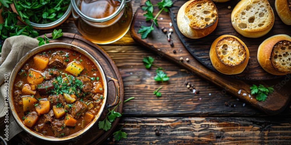 A rustic bowl of beef stew with potatoes, with fresh parsley, served alongside toasted bread on a wooden table A rustic bowl of beef stew with potatoes, with fresh parsley, served alongside toasted bread on a wooden table