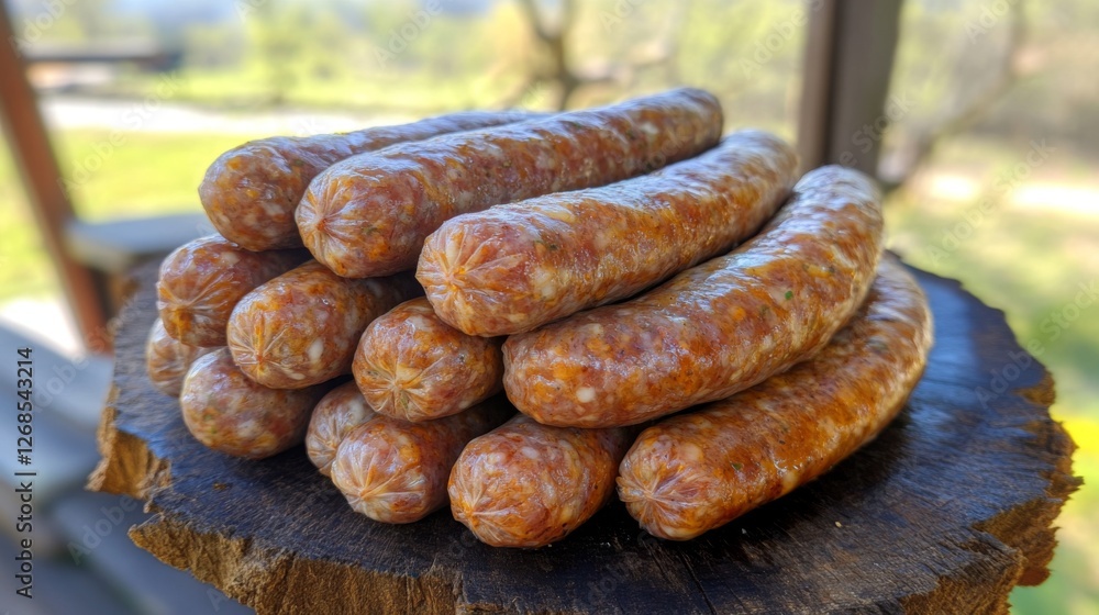Fototapeta premium A close-up of various types of sausages in their natural casing, with a rustic backdrop, emphasizing the artisanal quality and craftsmanship involved in making them