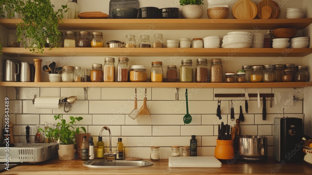 Neatly arranged kitchen shelves with spice jars, oils, and condiments Neatly arranged kitchen shelves with spice jars, oils, and condiments