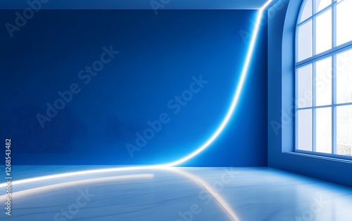 Abstract background with a blue wall and white floor, light from the window, a neon line light on the wall, and a minimalistic interior design of a modern home or office space