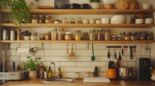 Wallpaper Mural Neatly arranged kitchen shelves with spice jars, oils, and condiments Torontodigital.ca