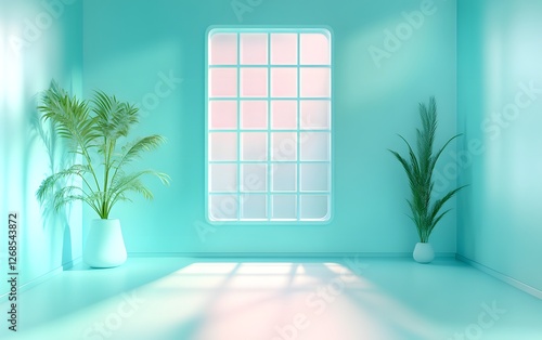 Abstract background with a light blue wall, a white floor, and a window with neon lights, a minimal concept of interior design