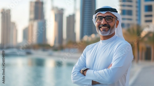 Obraz na płótnie Arab middle-eastern man wearing emirati kandora traditional clothing in the city - Arabian muslim businessman strolling in urban business centre. w salonie