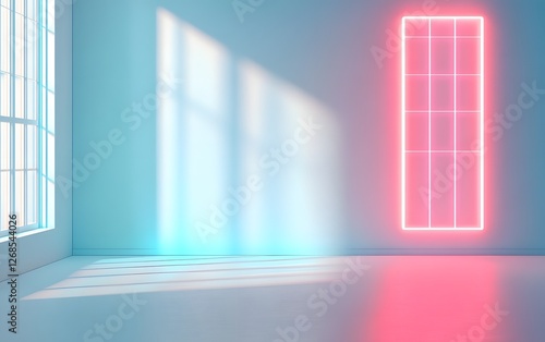 Abstract background with a light blue wall, a white floor, and a window with neon lights, a minimal concept of interior design