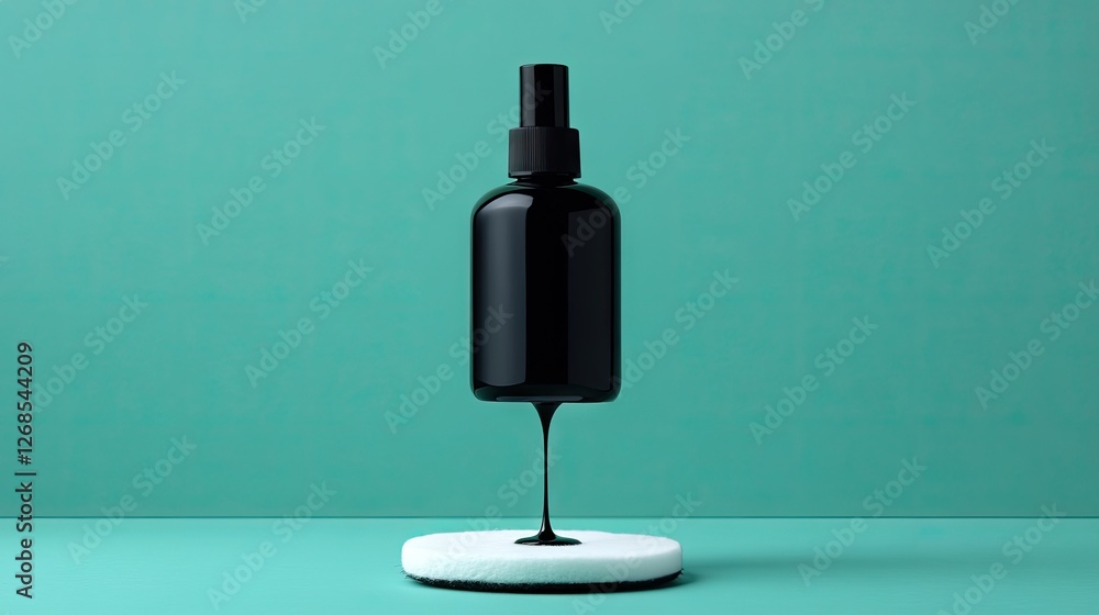 Open makeup remover bottle with liquid dripping onto a cotton pad Open makeup remover bottle with liquid dripping onto a cotton pad