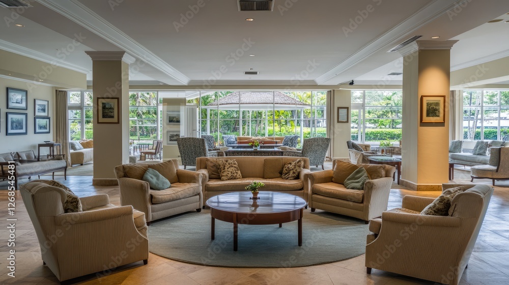 Spacious lounge area with couches and armchairs positioned in a circular layout Spacious lounge area with couches and armchairs positioned in a circular layout