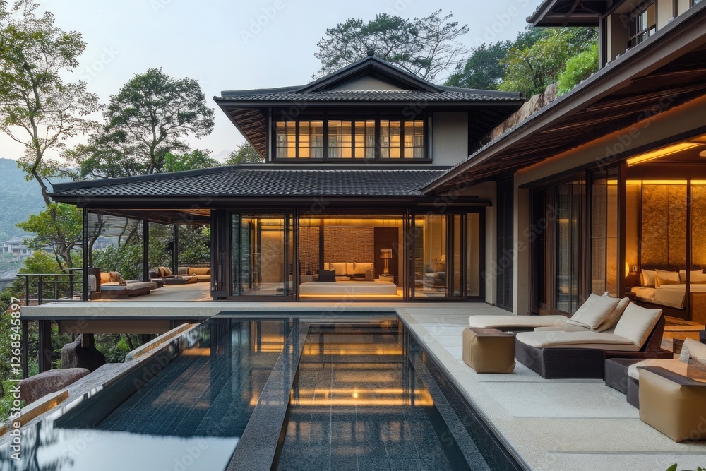 Fototapeta premium Serene Hilltop Villa with Infinity Pool and Panoramic Views