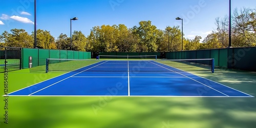 Wallpaper Mural A vibrant blue and green pickleball court with a net, surrounded by trees under a clear sky. Torontodigital.ca