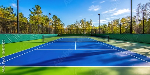 Wallpaper Mural A vibrant blue and green pickleball court with a net, surrounded by trees under a clear sky. Torontodigital.ca