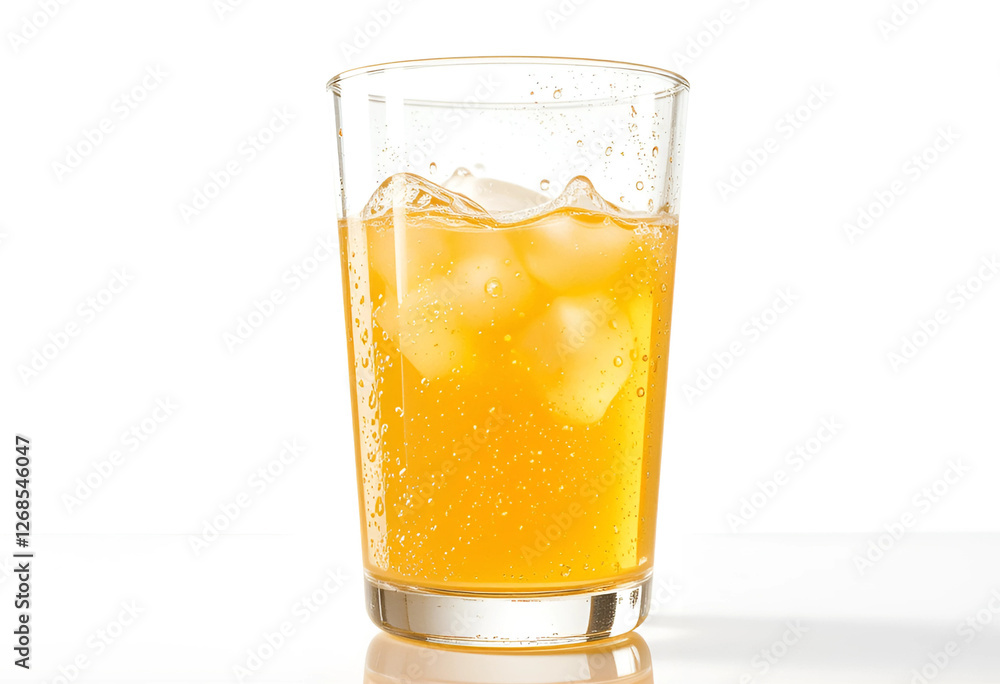 A photorealistic 3D render of a transparent glass filled with fresh orange juice, showing visible pulp and tiny bubbles. The juice has a vibrant golden-orange hue, and the condensation on the glass . A photorealistic 3D render of a transparent glass filled with fresh orange juice, showing visible pulp and tiny bubbles. The juice has a vibrant golden-orange hue, and the condensation on the glass .
