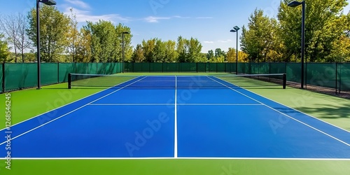 Wallpaper Mural A vibrant blue and green pickleball court with a net, surrounded by trees under a clear sky. Torontodigital.ca