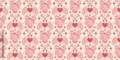 Edgy yet feminine wide seamless background. Pink winged skulls, heart-shaped locks, punk rock inspired elements. Bold and flirty endless pattern for tattoo-inspired prints, glam gothic textiles