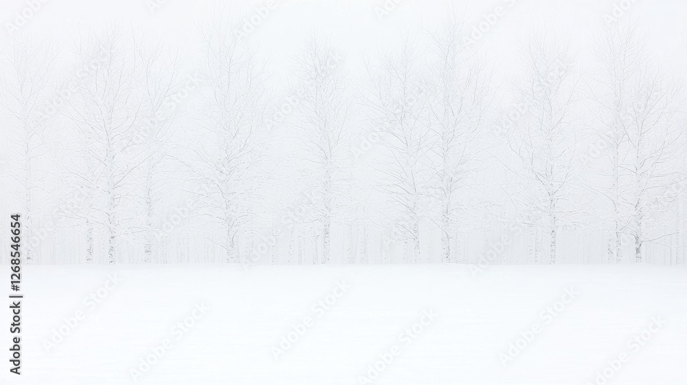 Fototapeta premium Bare winter trees standing in a row across a snow covered field disappearing into thick white fog.