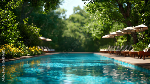 Tranquil Blue Poolside Scene at a Lush Tropical Resort