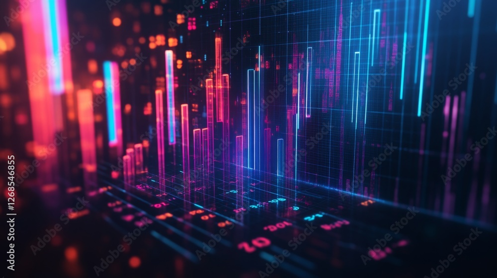 A financial bar chart with translucent bars in ascending order, placed on a dark, sleek background with glowing data points floating around A financial bar chart with translucent bars in ascending order, placed on a dark, sleek background with glowing data points floating around