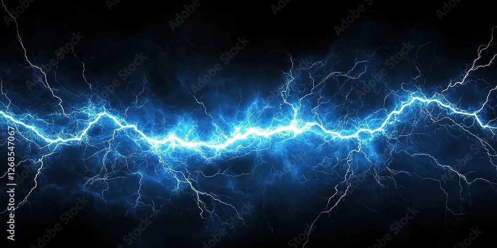 Lightning, a blue electric lightning background with a dark black sky. Blue electric light effects on a dark black background