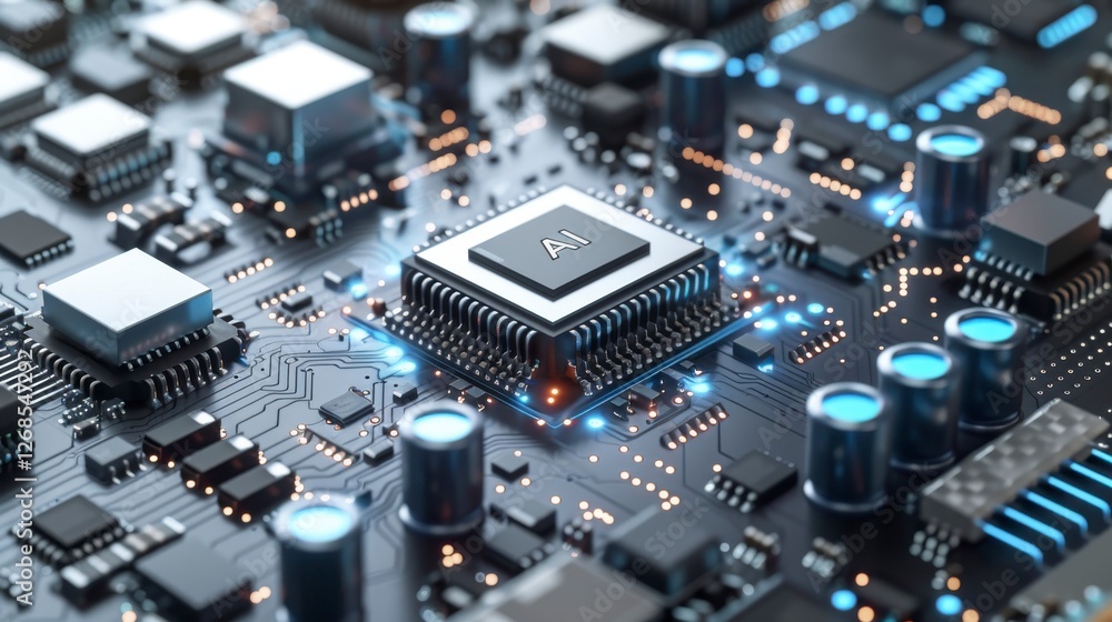 close up view of modern circuit board featuring AI chip, showcasing intricate details and glowing components, symbolizing advanced technology and innovation close up view of modern circuit board featuring AI chip, showcasing intricate details and glowing components, symbolizing advanced technology and innovation