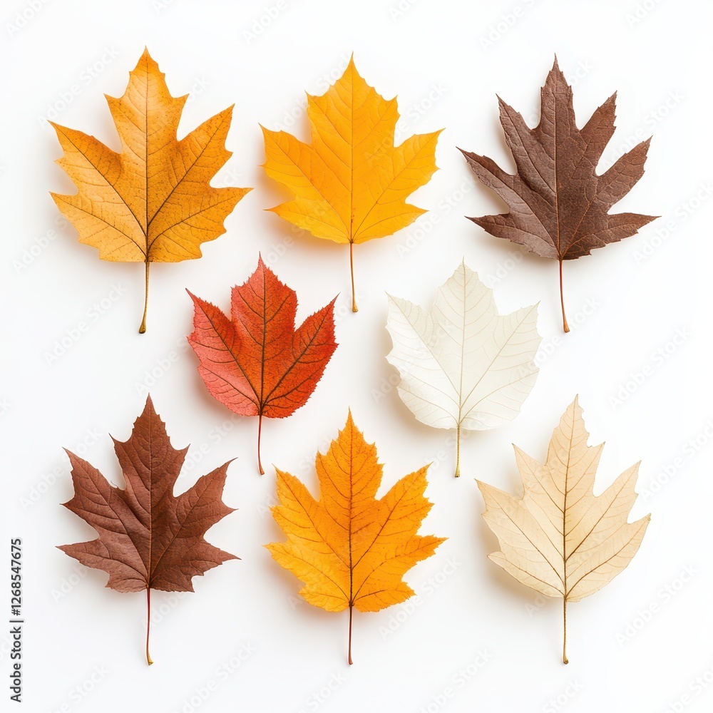 Vibrant Autumn Leaves in Diverse Fall Hues Artfully Arranged on White Background Vibrant Autumn Leaves in Diverse Fall Hues Artfully Arranged on White Background