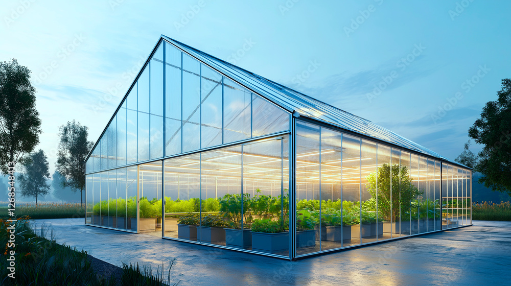 Obraz premium Greenhouse with Interconnected Units and Transparent Polycarbonate panel Sheets