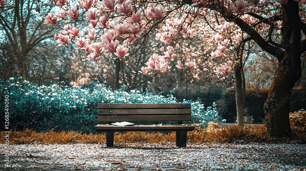 Tranquil park bench under blossoming magnolia tree Tranquil park bench under blossoming magnolia tree