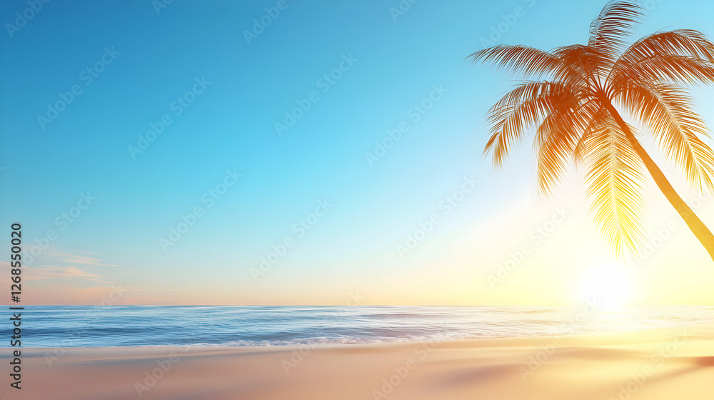 Fototapeta premium Tranquil Sunset Beach Scene with Palm Tree Silhouette