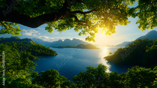 Tranquil Sunset Over a Tropical Lake and Mountains