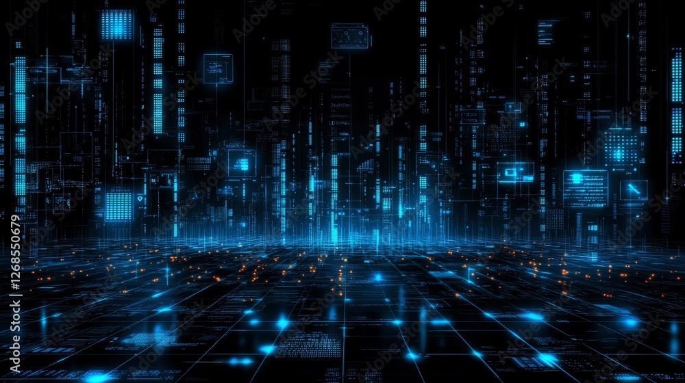 Naklejka premium Futuristic Digital Cityscape Abstract Network Data Visualization