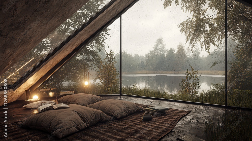 Fototapeta premium Cozy Rainy Day Retreat Lake View from a GlassWalled Cabin
