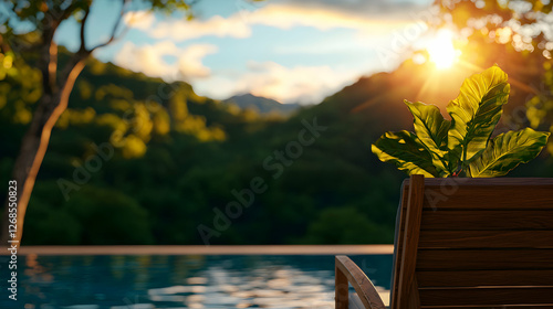 Tranquil Sunset View Over Lush Tropical Landscape With Pool