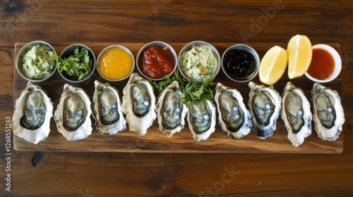 A selection of oysters displayed on a rustic wooden board, with various garnishes like lemon and cocktail sauce arranged artfully around them photo