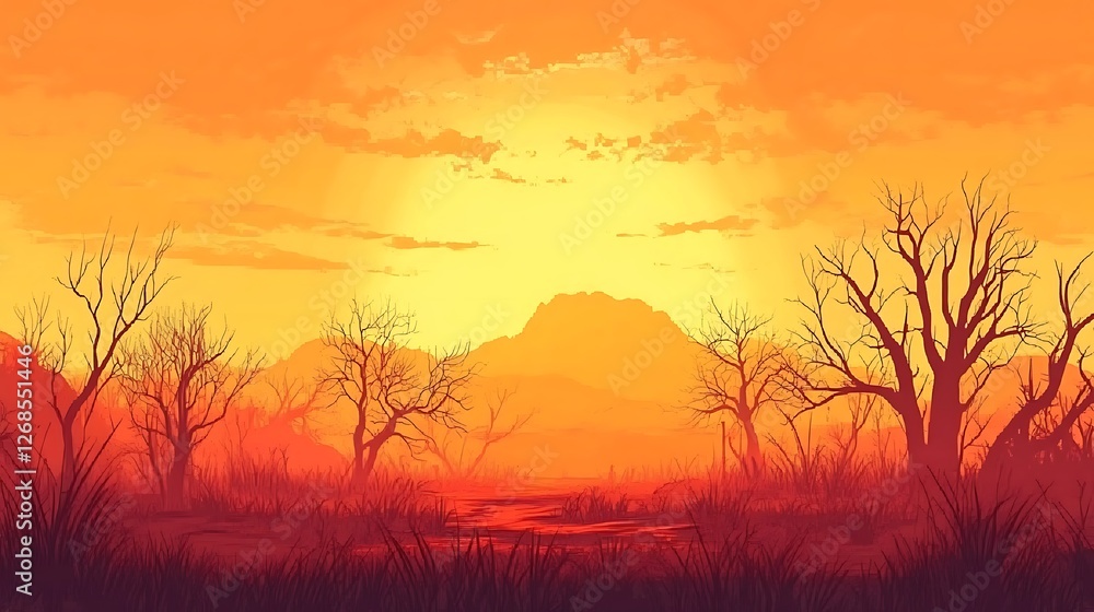 Fiery Sunset Over a Still Marsh Landscape With Bare Trees Fiery Sunset Over a Still Marsh Landscape With Bare Trees