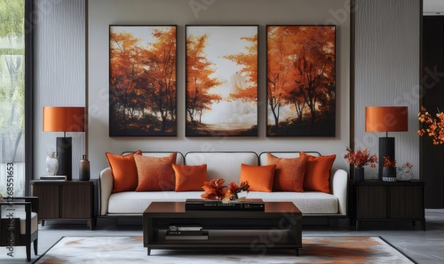 Modern living room autumn decor, city view photo