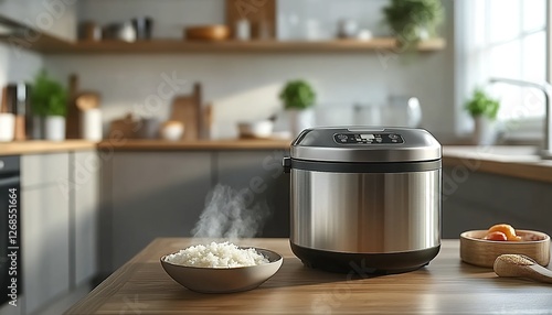 In the modern kitchen, there is an electric rice cooker on top of a wooden table with some food in a bowl next to it