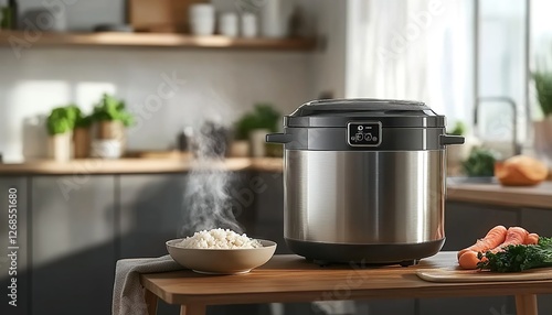 In the modern kitchen, there is an electric rice cooker on top of a wooden table with some food in a bowl next to it