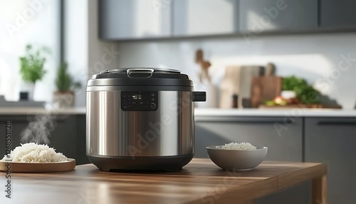 In the modern kitchen, there is an electric rice cooker on top of a wooden table with some food in a bowl next to it