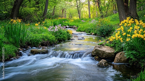 A vibrant spring nature scene with a flowing stream, flowers blooming, and birds singing in the trees