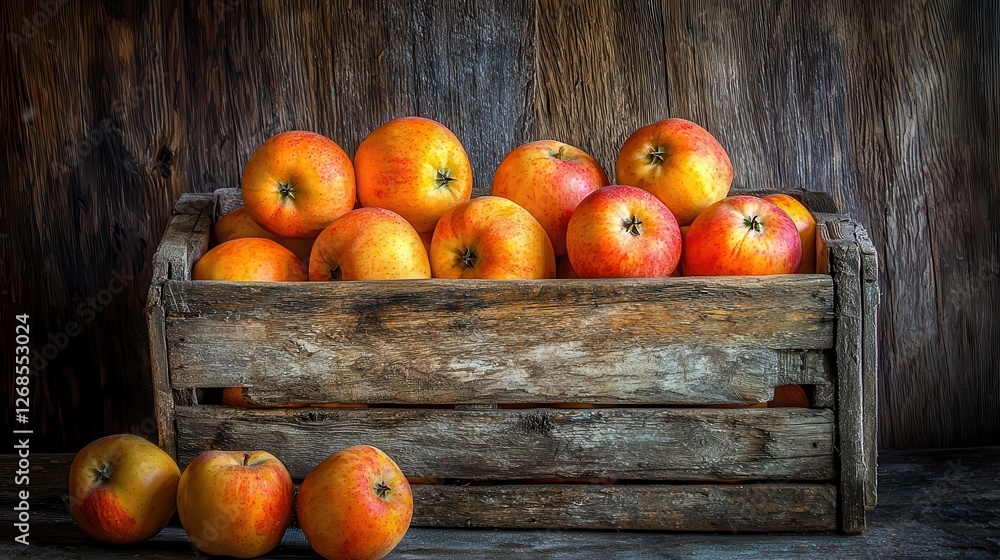 Rustic Wooden Crate Filled with Ripe Red Apples Rustic Wooden Crate Filled with Ripe Red Apples