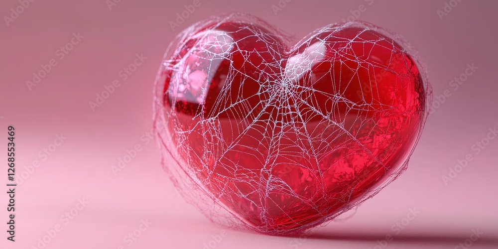 3D rendering of a red heart with a spider web on a pink background. Valentine's Day concept, love and romance. Love letter shape concept. 3D rendering of a red heart with a spider web on a pink background. Valentine's Day concept, love and romance. Love letter shape concept.