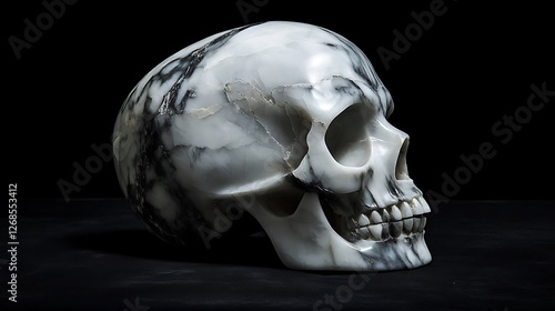 Marbleized cranium against obsidian void embodying mortality contemplation photo