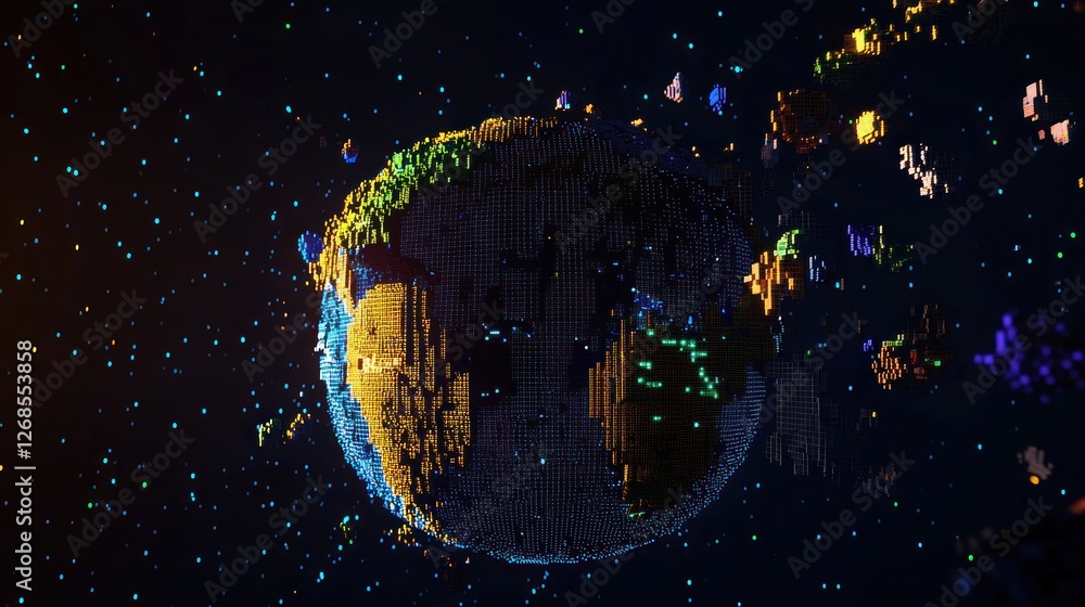 Fototapeta premium Pixelated Earth in Space, Debris Field