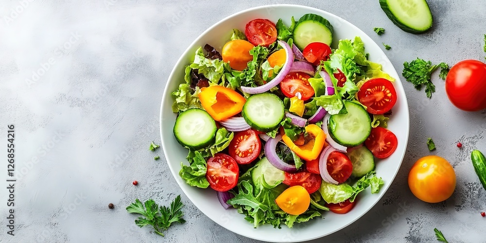 A colorful salad with vegetables in a white bowl on a grey background, in a flat lay style. A colorful salad with vegetables in a white bowl on a grey background, in a flat lay style.