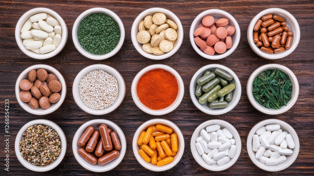 Exploring nutritional supplements kitchen photography organized top-down view health benefits Exploring nutritional supplements kitchen photography organized top-down view health benefits
