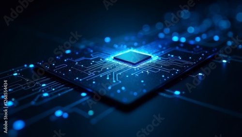 A highly detailed close-up of a futuristic computer chip with a gold contact area, blue grid overlay, and a glowing circuit design, symbolizing advanced technology.