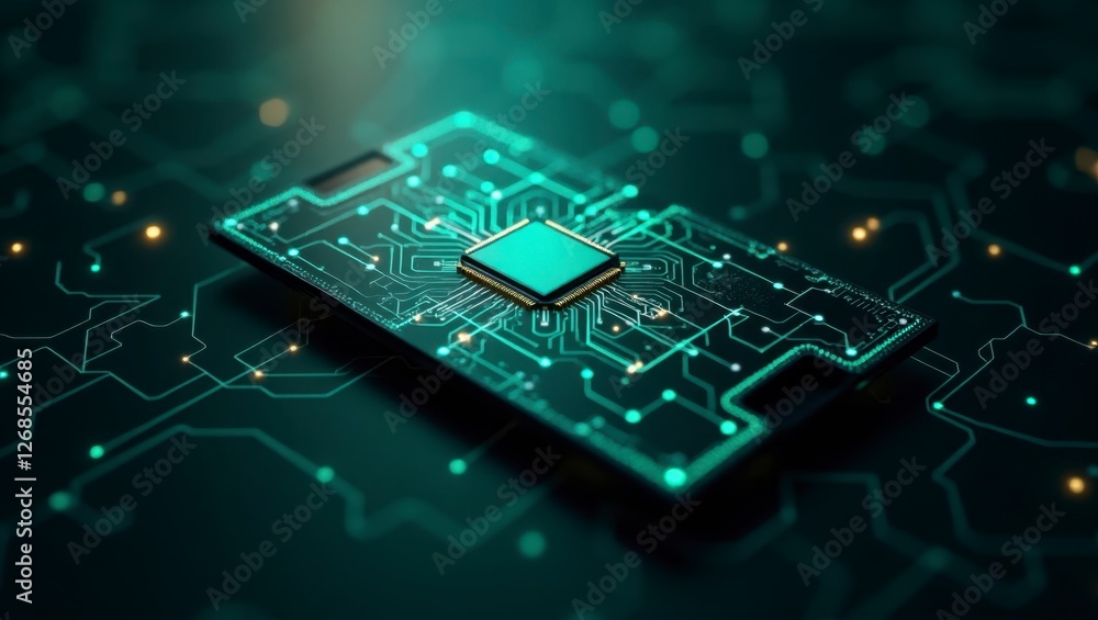 A highly detailed close-up of a futuristic computer chip with a gold contact area, blue grid overlay, and a glowing circuit design, symbolizing advanced technology.