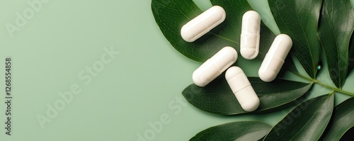 Natural health remedies exploring white capsules on green leaves in a minimalist environment