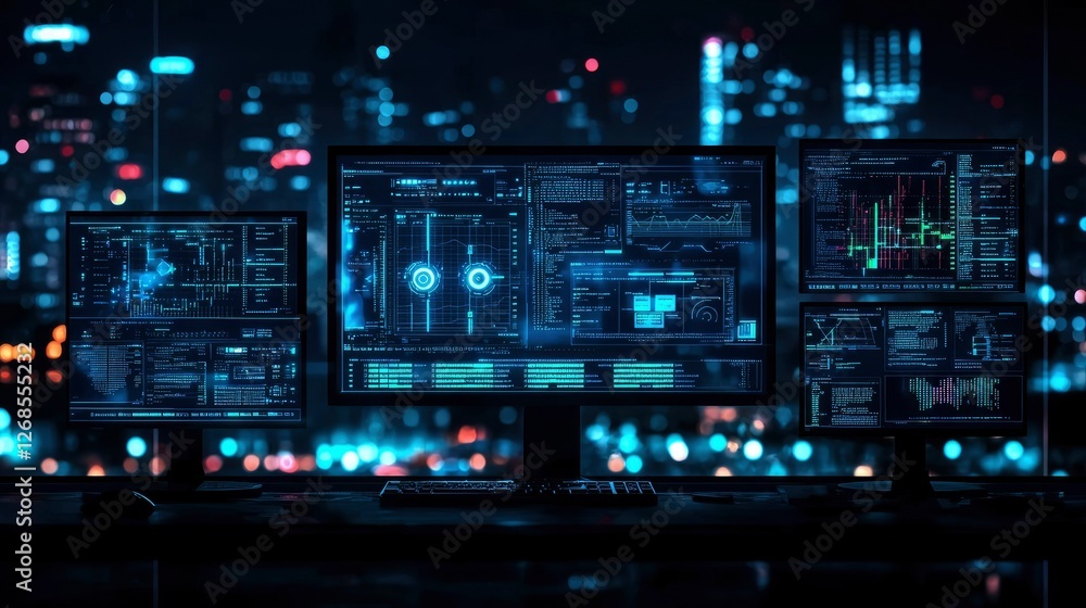 Night City Data Center Multiple Monitors Displaying Complex Data Streams Against a Cityscape Night City Data Center Multiple Monitors Displaying Complex Data Streams Against a Cityscape